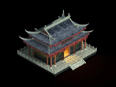 Ancient Chinese Architecture With Traditional Roof Design Red Columns And Stone Steps 3d model