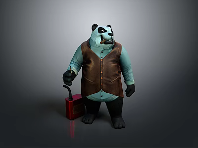 Panda Themed Game Character Wearing Brown Vest And Blue Long Sleeves Holding Red Container 3d model