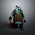Panda Themed Game Character Wearing Brown Vest And Blue Long Sleeves Holding Red Container