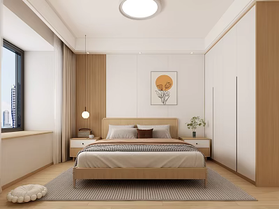 Modern Bedroom Interior Design With Bedside Painting Window Curtains And Wooden Wardrobes 3d model