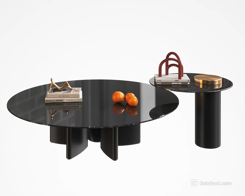 Black Round Coffee Table with Stacked Books Oranges and Small Side Table Holding Brown Handbag Golden Box 3d model 