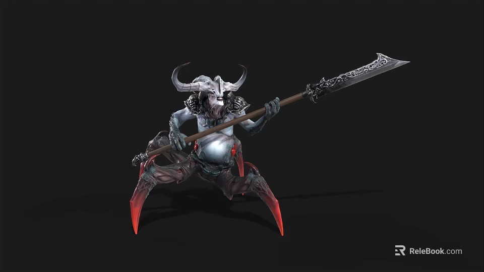 Game Movie Character Horned Warrior With Giant Decorated Spear Armored Body And Red Clawed Feet 3d model 