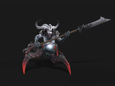 Game Movie Character Horned Warrior With Giant Decorated Spear Armored Body And Red Clawed Feet 3d model