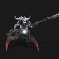 Game Movie Character Horned Warrior With Giant Decorated Spear Armored Body And Red Clawed Feet