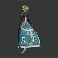 Woman In Black And Yellow Dress With Blonde Hair Blue White Hem And Lace Details