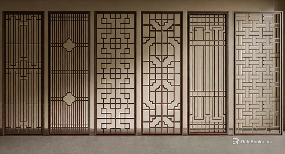 Chinese Traditional Wooden Room Dividers With Carved Geometric Patterns And Decorative Screens 3d model 