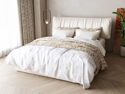Double Bed With Beige Headboard White Sheets Patterned Blanket Curtains Plant And Wooden Floor 3d model