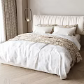 Double Bed With Beige Headboard White Sheets Patterned Blanket Curtains Plant And Wooden Floor