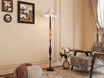 Elegant Black and Gold Floor Lamp with White Lampshade Crystal Pendants in Beige Room 3d model