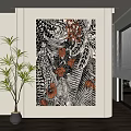 Tropical Floral Wall Art With Black White Leaves And Orange Flowers In Modern Interior