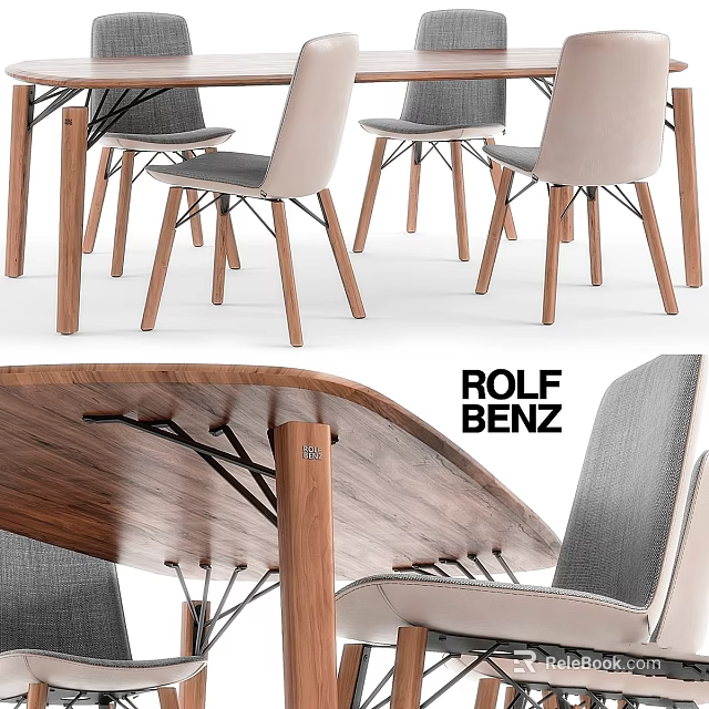 Modern Wooden Table And Upholstered Chair Set With Gray Beige Seats And Sturdy Wooden Legs 3d model 
