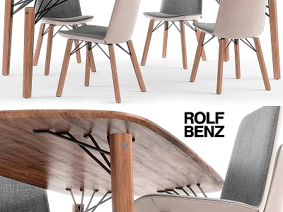 Modern Wooden Table And Upholstered Chair Set With Gray Beige Seats And Sturdy Wooden Legs 3d model