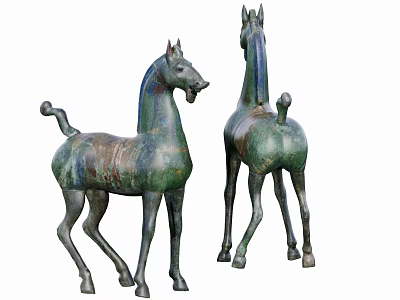 Two Ancient Bronze Horse Sculptures With Greenish Patina And Detailed Design 3d model