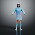 Game and Movie Character in Blue Patterned Hooded Coat White Boots on Dark Background with Reflection