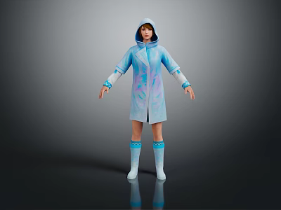 Game and Movie Character in Blue Patterned Hooded Coat White Boots on Dark Background with Reflection 3d model