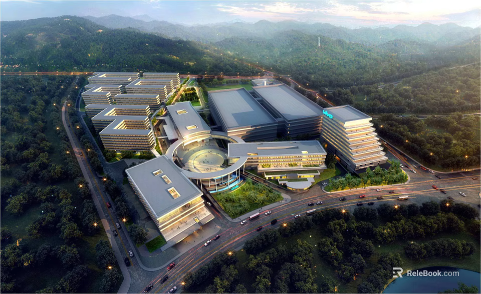 Modern Industrial Park Featuring Multiple Buildings Greenery Roads And Surrounding Mountains 3d model 