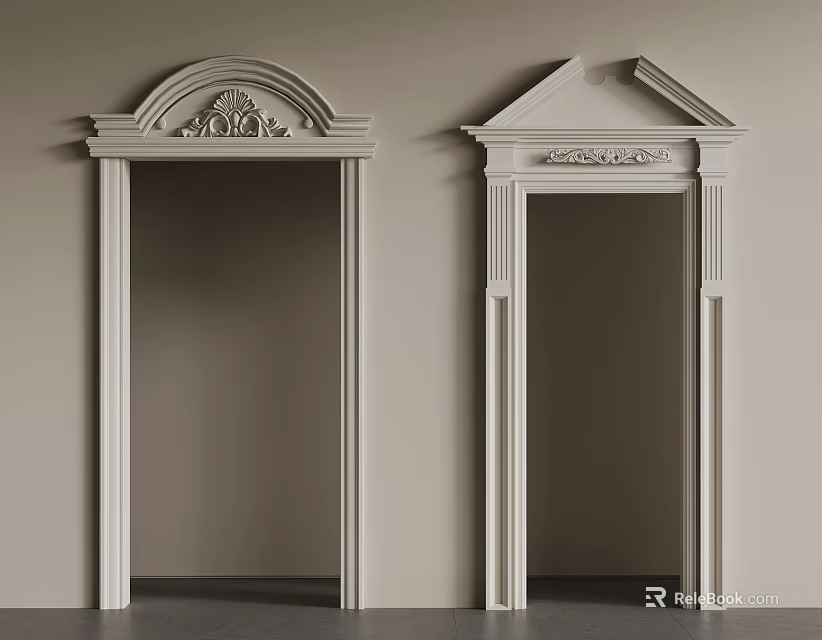 Two Decorative White Door Frames With Carved Arch And Triangular Pediments 3d model