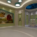 Kindergarten Bright Interior Design With Colorful Ceiling Decorations And Reception Desk