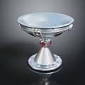 Elegant Silver Bowl Shaped Household Item With Intricate Carving And Red Gemstone Base