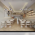 Modern Minimalist Restaurant Interior With Orderly Tables Chairs Pendant Lights Shelves And Wall Art