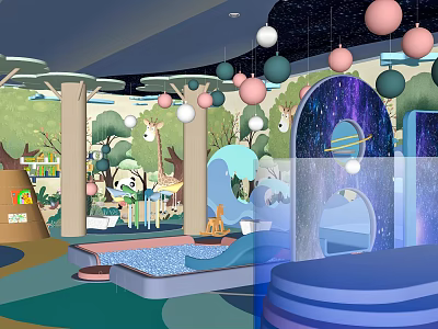 Kids Play Area With Starry Sky Ceiling Colorful Hanging Balls Tree Decorations Ocean Theme Slide And Interactive Space 3d model
