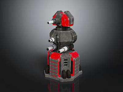 Multi Layered Red And Gray Weapon With Multiple Barrels And Mechanical Structure 3d model