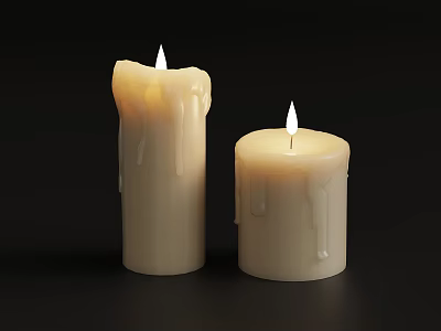 Two Lit Cream Colored Candles With Melting Wax On Black Background 3d model