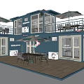Modern Shipping Container Building With Outdoor Balcony Wooden Deck Dining Set And Umbrellas