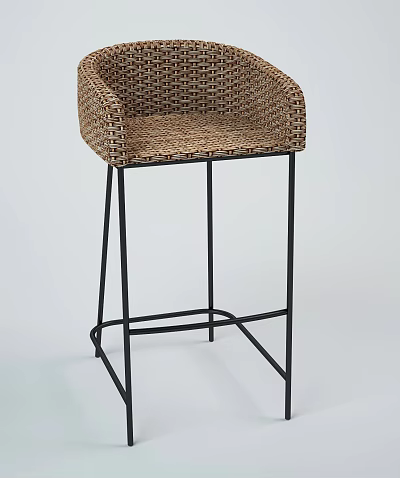 Woven Bar Stool with Seat Backrest and Black Metal Frame Design 3d model