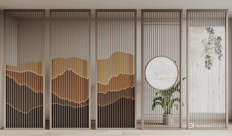 Traditional Chinese Room Divider Design With Mountain Pattern Circular Decoration And Potted Plant 3d model 