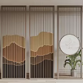 Traditional Chinese Room Divider Design With Mountain Pattern Circular Decoration And Potted Plant