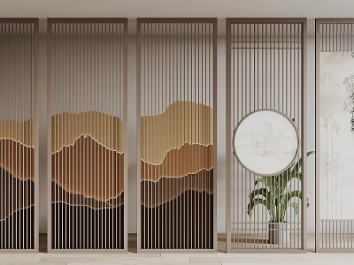 Traditional Chinese Room Divider Design With Mountain Pattern Circular Decoration And Potted Plant 3d model