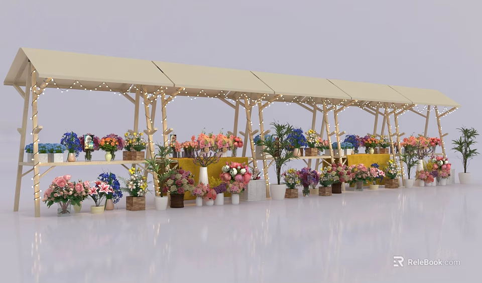 Colorful Bonsai Potted Plants Display At Garden Market With Canopy Stall 3d model 