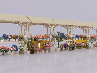 Colorful Bonsai Potted Plants Display At Garden Market With Canopy Stall 3d model
