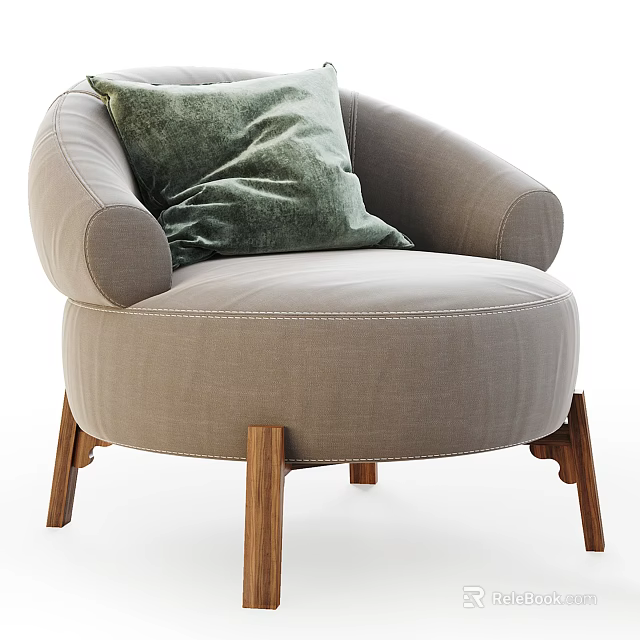 Modern Single Sofa Fabric Upholstered With Curved Armrest Green Cushion And Wooden Legs 3d model 