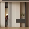 Modern Entryway Shoe Cabinet Design Featuring Light Dark Panels Decorative Sculpture And Green Plant