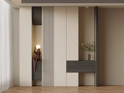 Modern Entryway Shoe Cabinet Design Featuring Light Dark Panels Decorative Sculpture And Green Plant 3d model