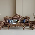 Luxurious Classical Leather Sofa Set and Coffee Table with Ornate Carvings Decorative Pillows