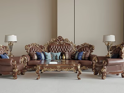 Luxurious Classical Leather Sofa Set and Coffee Table with Ornate Carvings Decorative Pillows 3d model