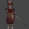 Mythical Samurai Character with Horns and Red Armor as Creature Warrior Holding Sword 3d model