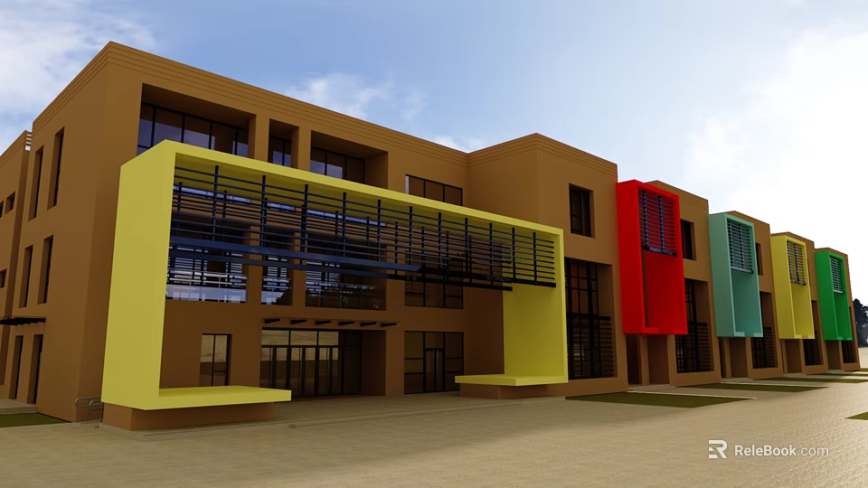 Modern School Building with Brown Main Yellow Red Green Accents Large Windows and Open Entrance 3d model 