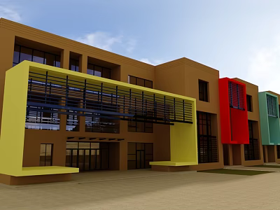 Modern School Building with Brown Main Yellow Red Green Accents Large Windows and Open Entrance 3d model
