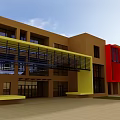 Modern School Building with Brown Main Yellow Red Green Accents Large Windows and Open Entrance