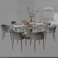 Modern Round Dining Table Set With Marble Top Six Light Colored Chairs And Plant Decor 3d model