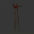 Two Ancient Weapons Made Of Rusted Iron Nails With Red Decorations On Top