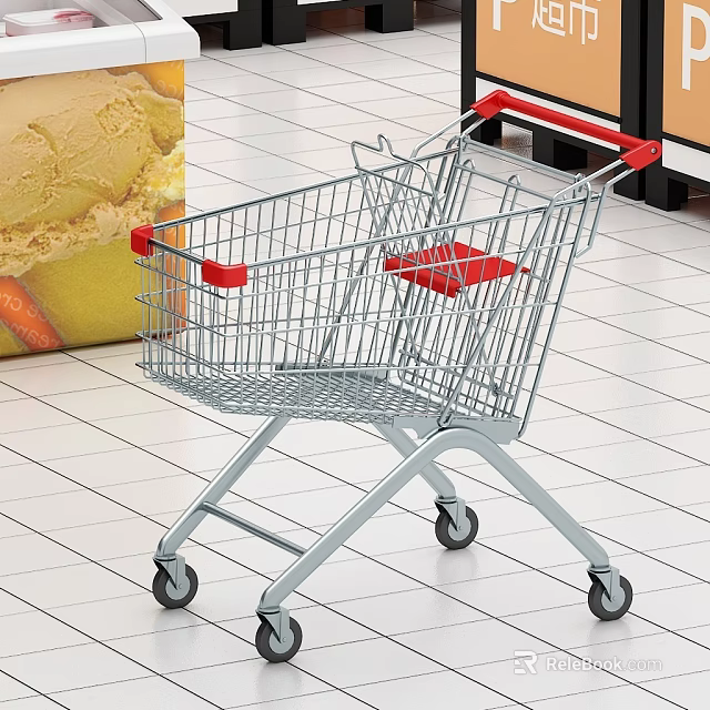 Sturdy Metal Shopping Cart With Red Handles And Wheels On Tiled Floor 3d model 