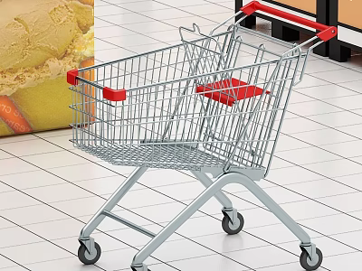 Sturdy Metal Shopping Cart With Red Handles And Wheels On Tiled Floor 3d model