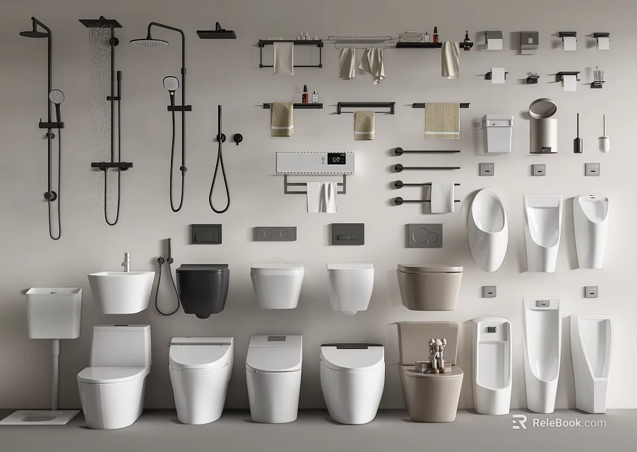 Various Styles Of Modern Toilets With Bathroom Accessories And Fixtures 3d model 