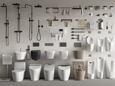 Various Styles Of Modern Toilets With Bathroom Accessories And Fixtures 3d model