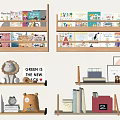 Wooden Bookshelves with Books Lion Bear Stuffed Toys Clock Red Box and Decorations